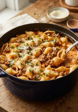 One Pot Creamy Beef and Shells