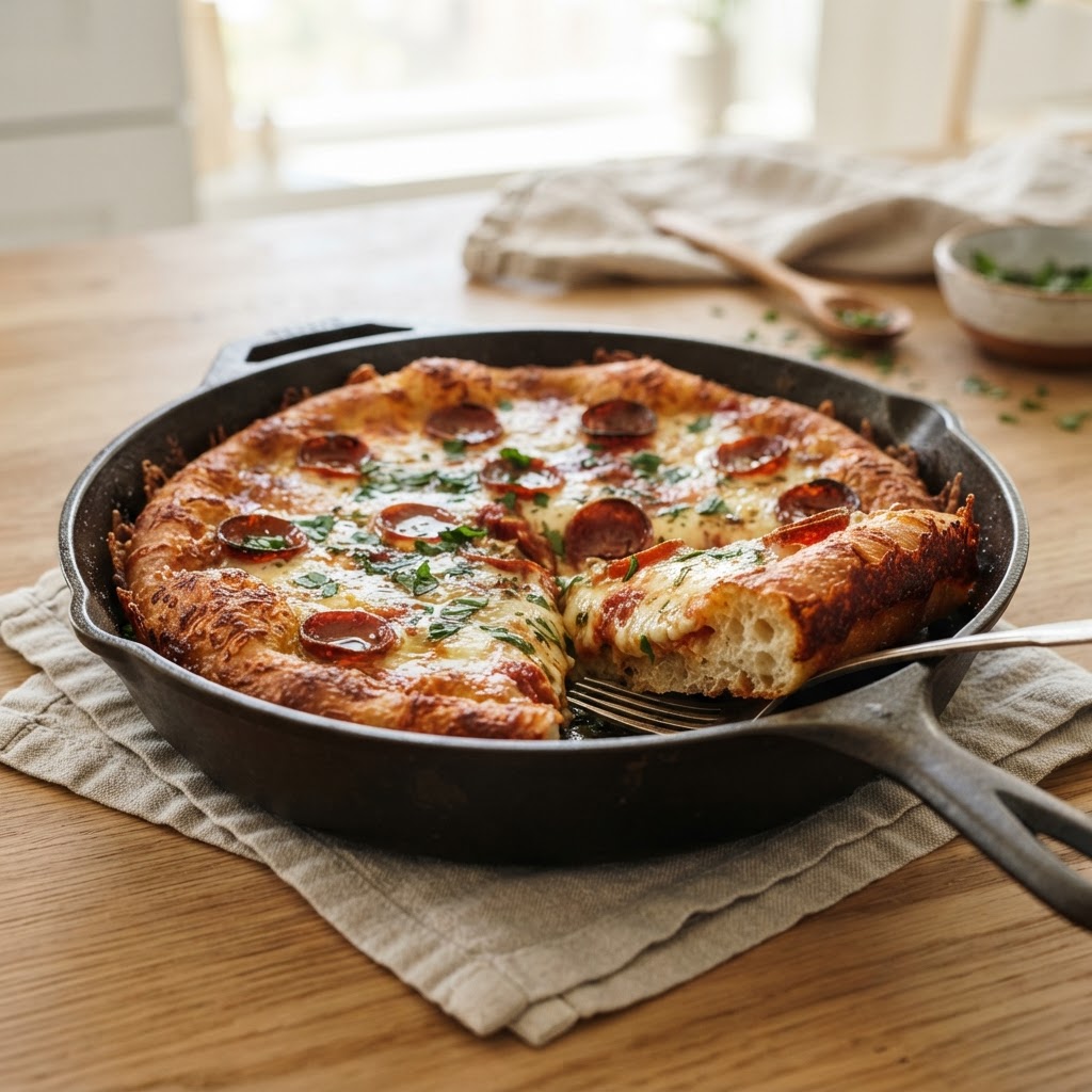 Cast Iron Skillet Pan Pizza with Garlic-Herb Oil