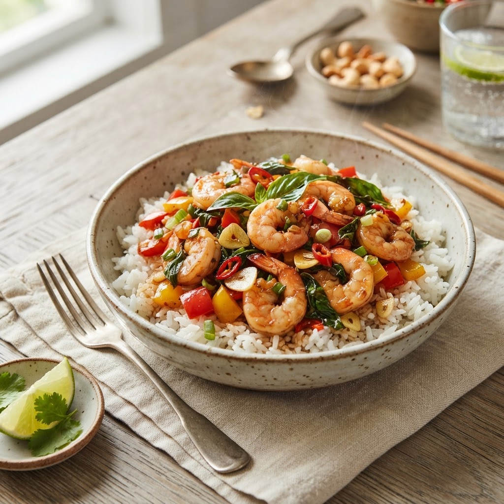 Thai Basil Shrimp Rice Bowls