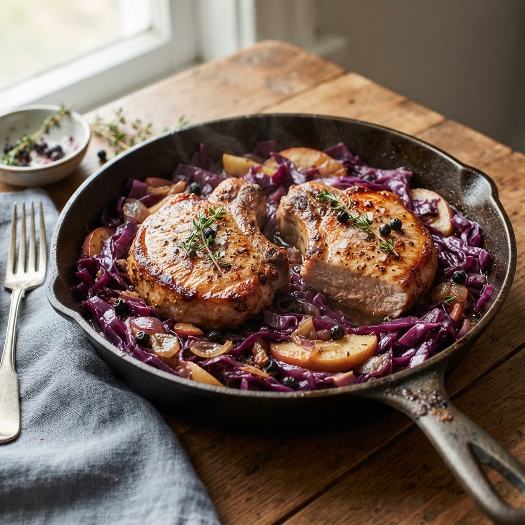 Juniper Pork Chops with Braised Red Cabbage