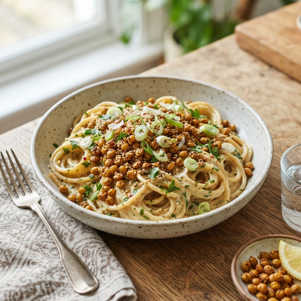 Tahini Lemon Noodles with Crispy Lentils