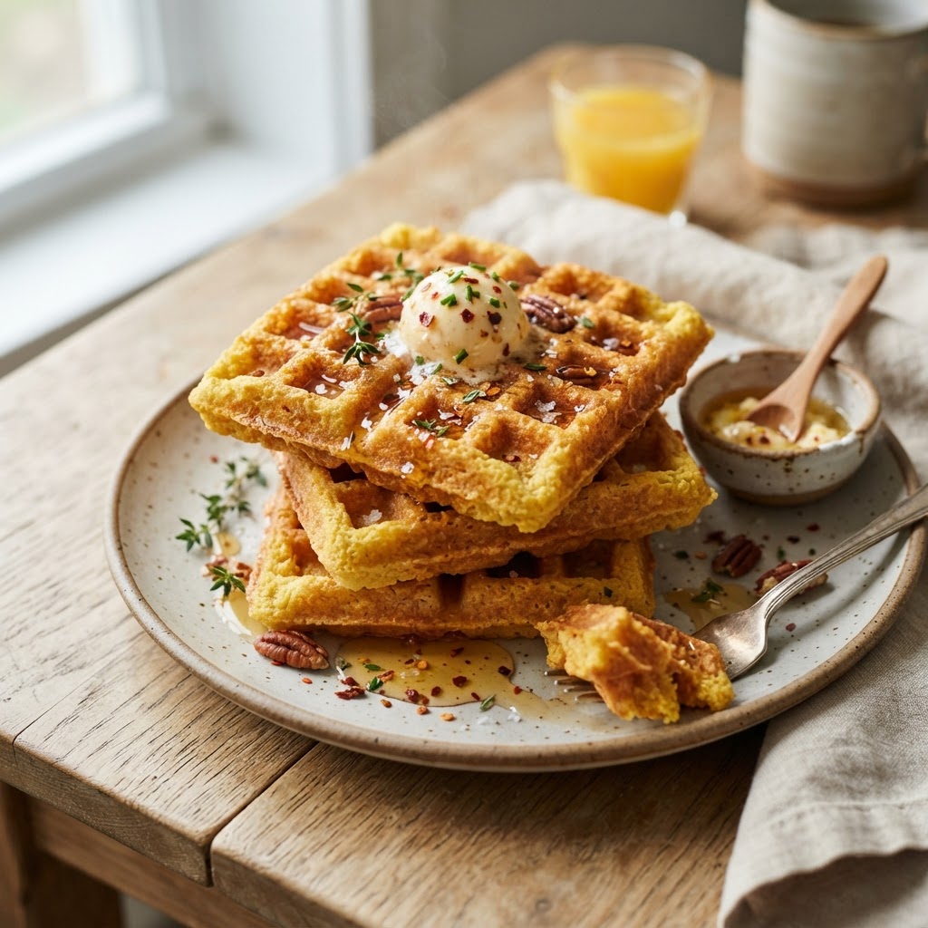 Cornmeal Waffles with Hot Honey Butter
