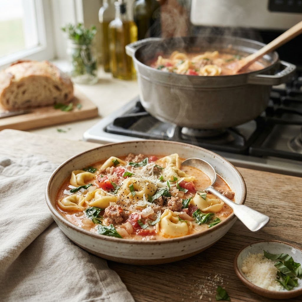 Tortellini Soup with Sausage and Spinach