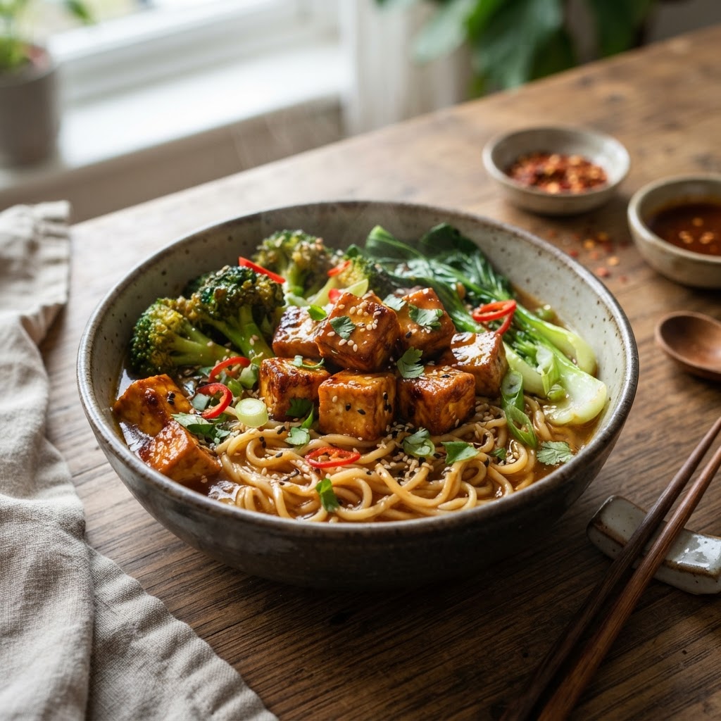 Hot Honey Garlic Ramen with Crispy Tofu