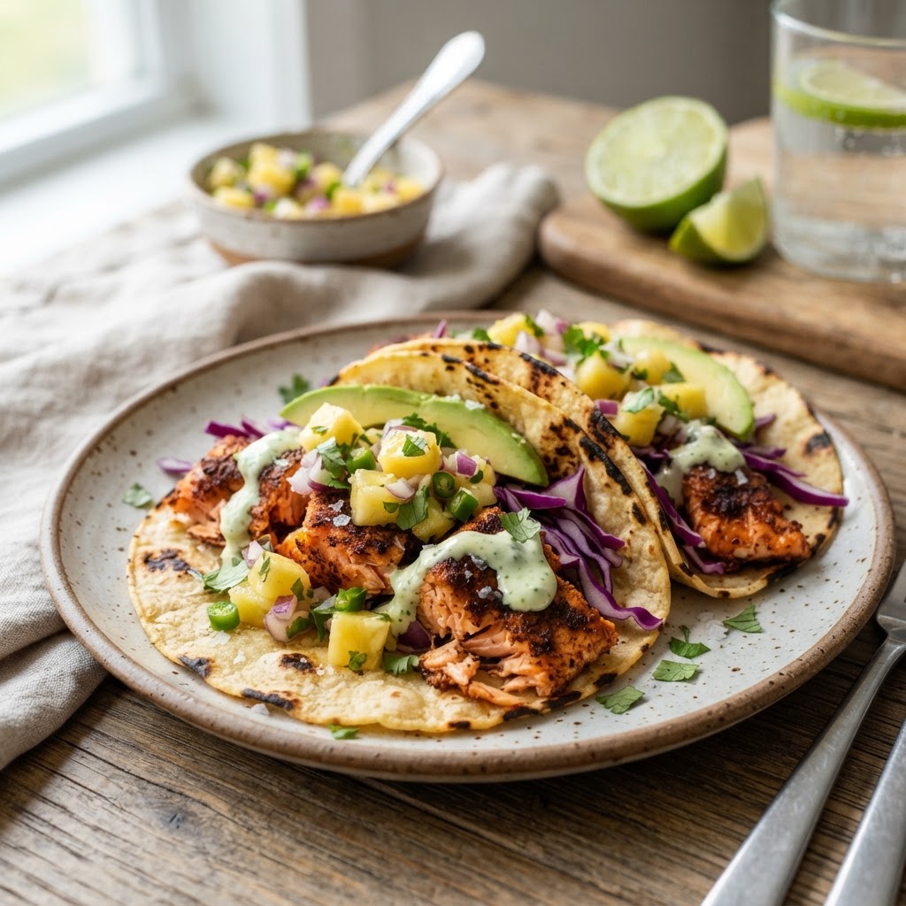 Air Fryer Salmon Tacos with Pineapple Salsa