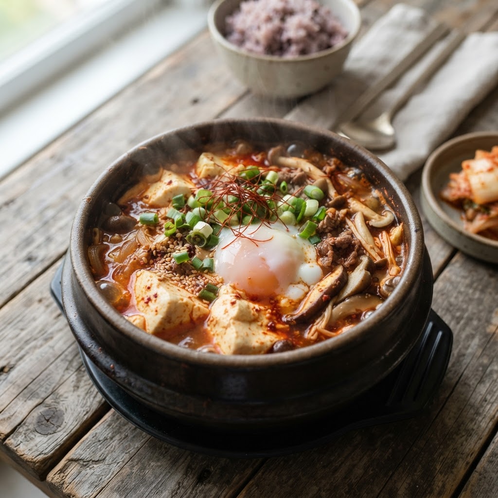 Korean Tofu Mushroom Stew with Egg