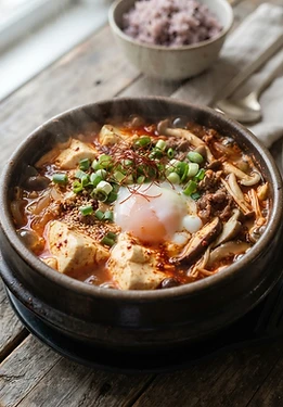 Korean Tofu Mushroom Stew with Egg