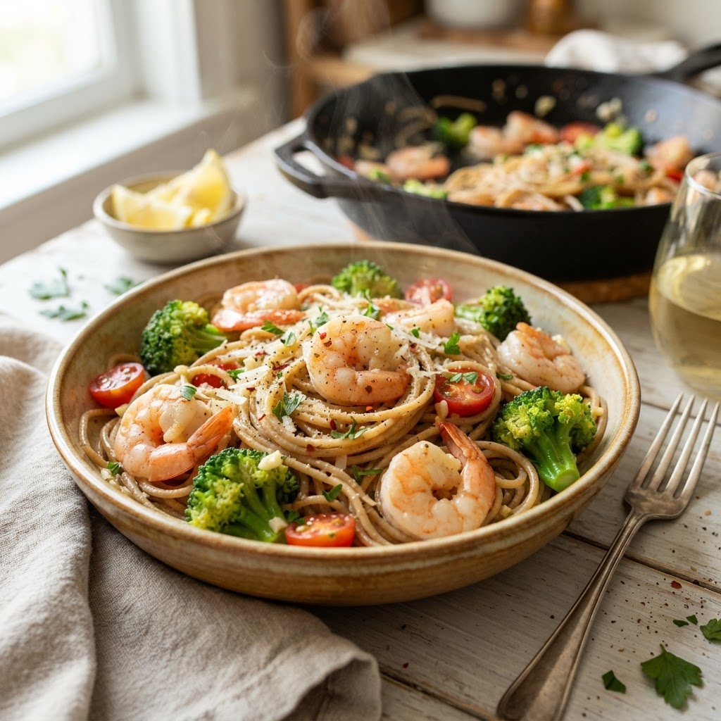 One-Pot Garlicky Shrimp and Broccoli Whole-Grain Pasta