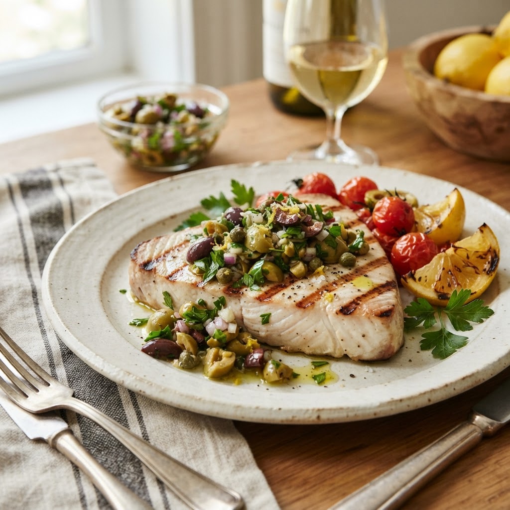 Grilled Swordfish with Olive Herb Relish