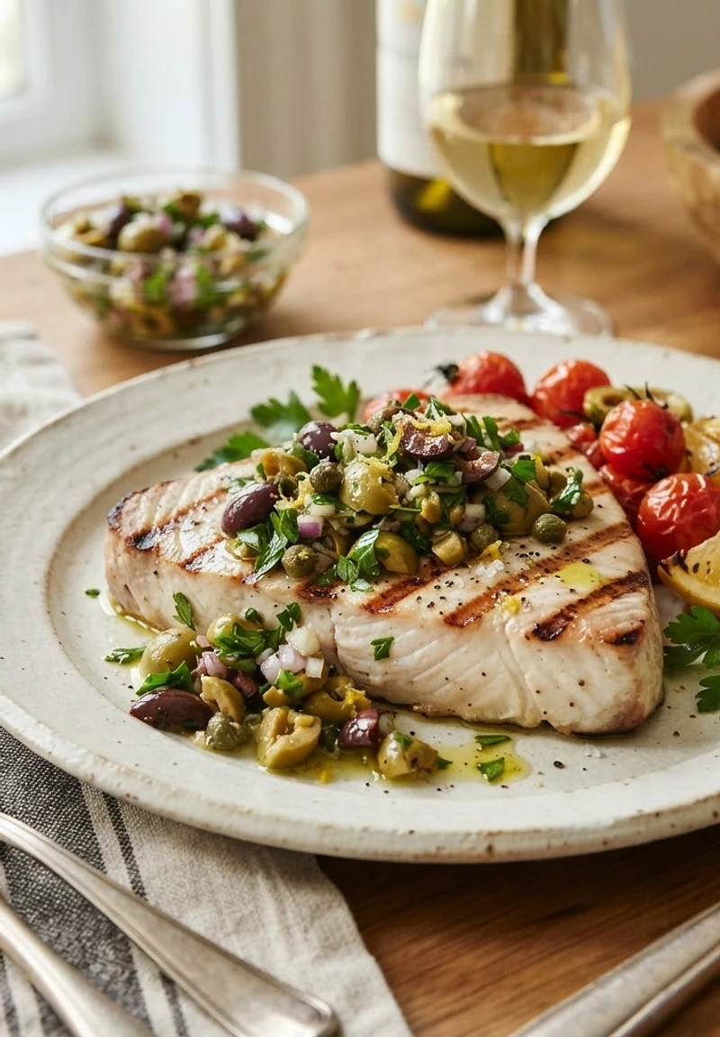 Grilled Swordfish with Olive Herb Relish