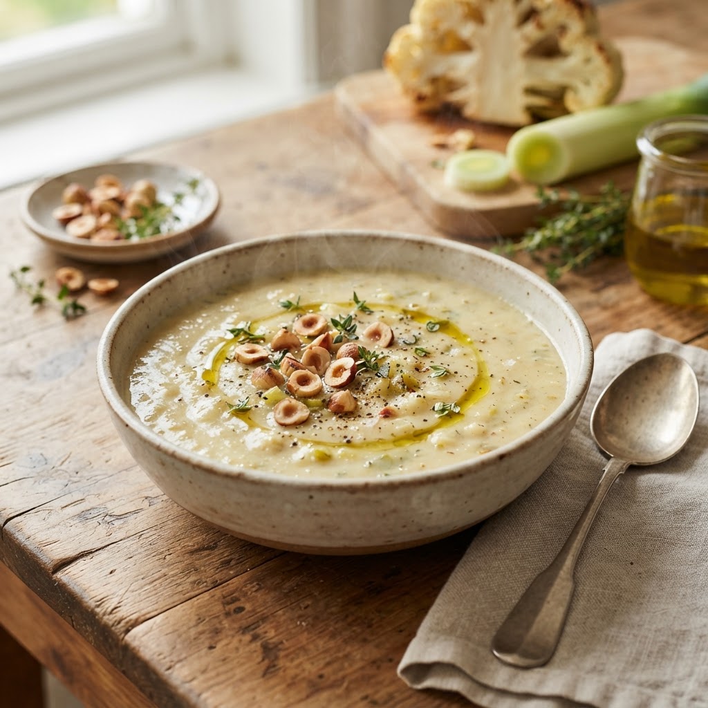 Roasted Cauliflower Leek Soup with Hazelnuts