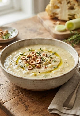 Roasted Cauliflower Leek Soup with Hazelnuts