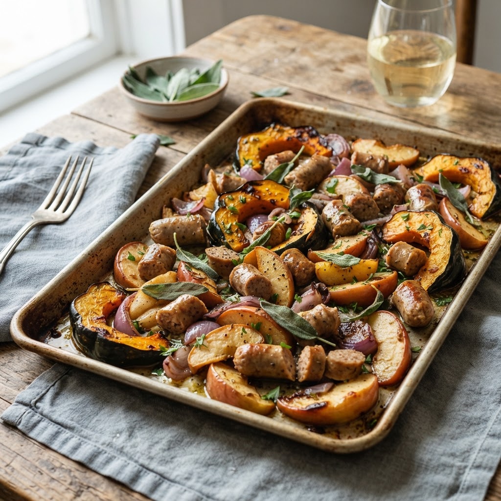 Sheet Pan Sausage Acorn Squash and Apples
