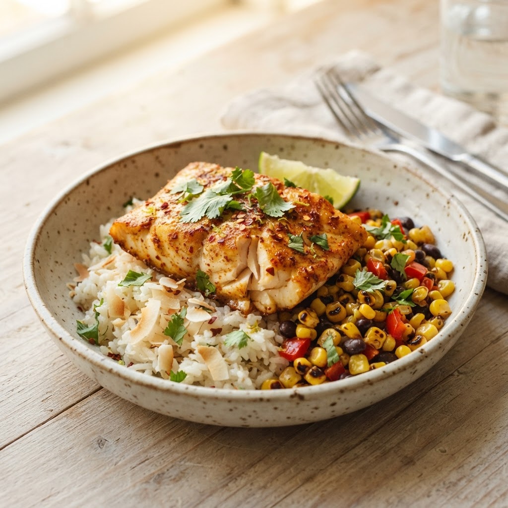 Chili-Lime Cod with Coconut Rice and Charred Corn