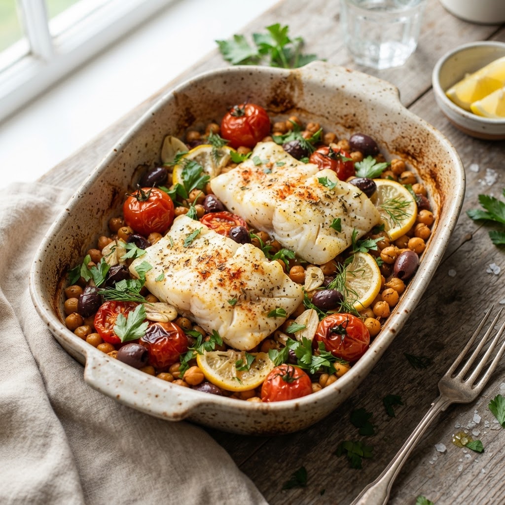 Mediterranean Baked Cod with Chickpeas