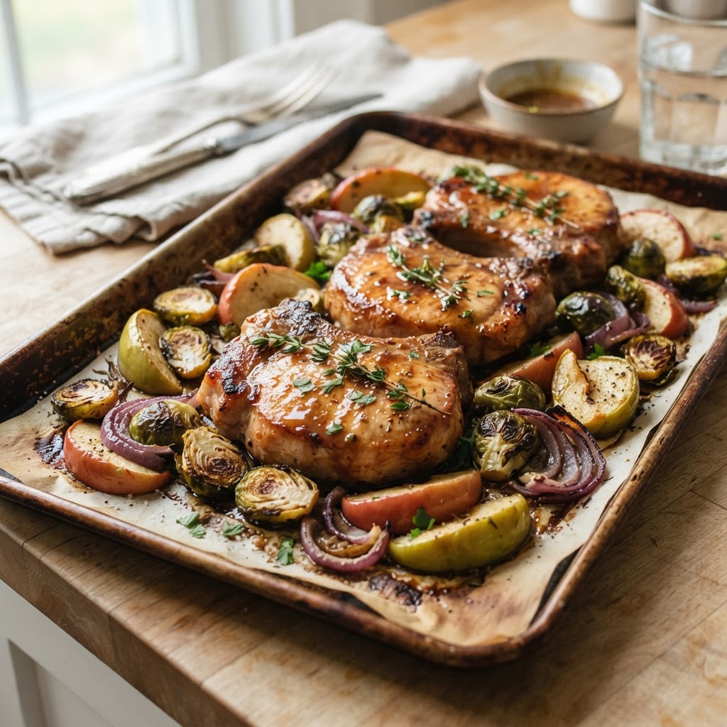 Sheet Pan Apple Dijon Pork Chops and Brussels Sprouts