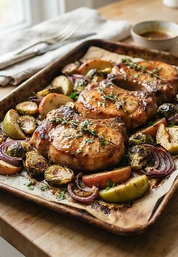 Sheet Pan Apple Dijon Pork Chops and Brussels Sprouts