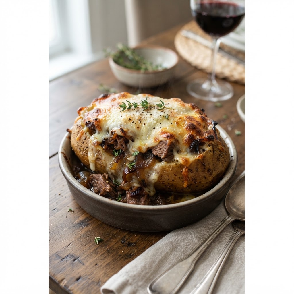 French Onion Beef Stuffed Potatoes