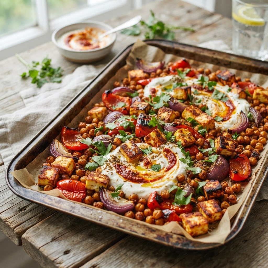 Halloumi Chickpea Sheet Pan with Harissa Yogurt
