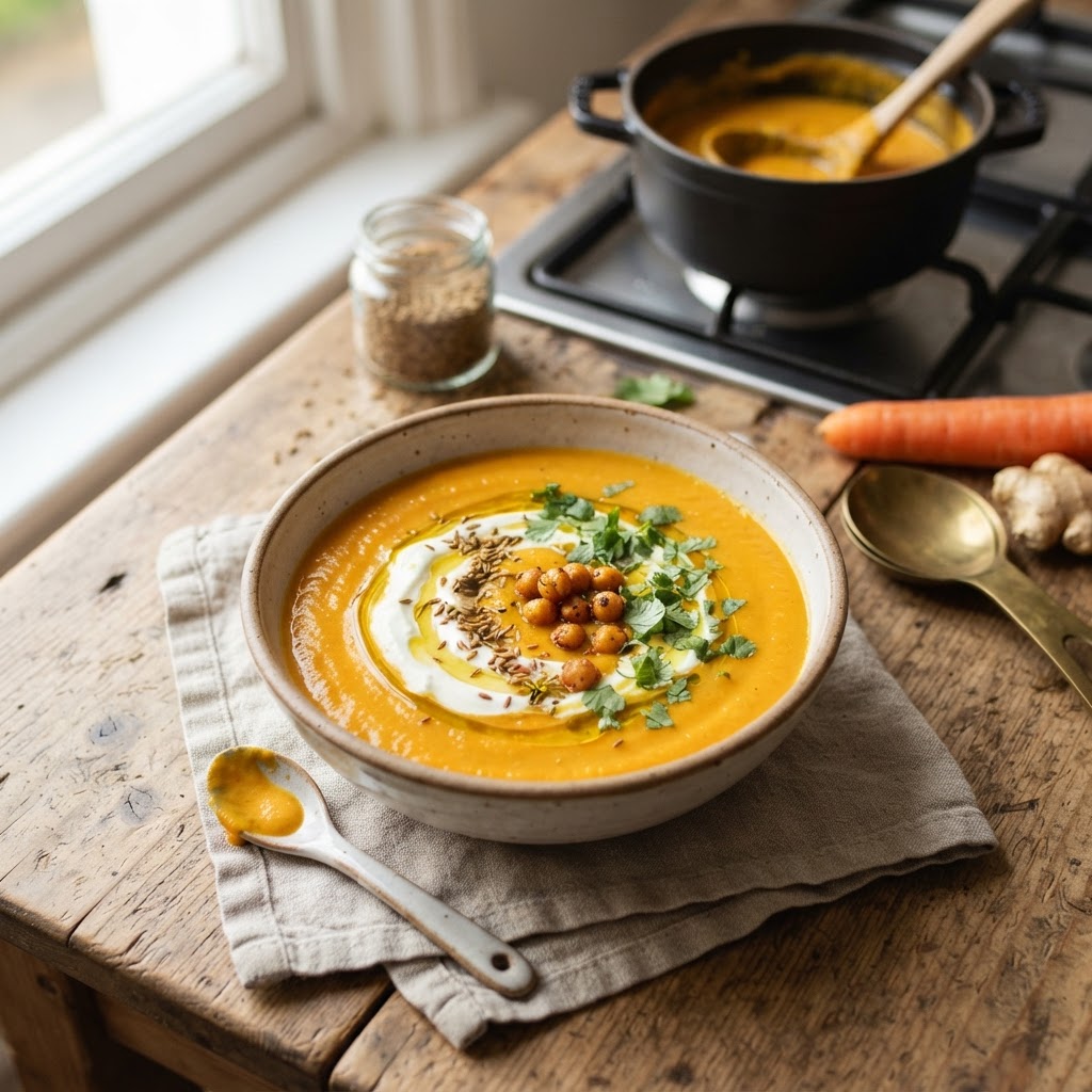 Carrot Ginger Chickpea Soup with Toasted Cumin