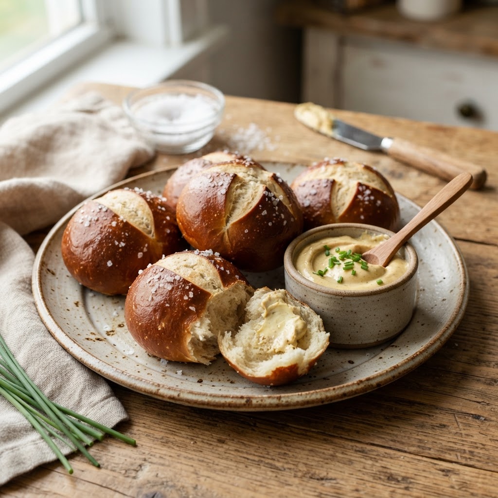Soft Pretzel Rolls with Mustard Butter
