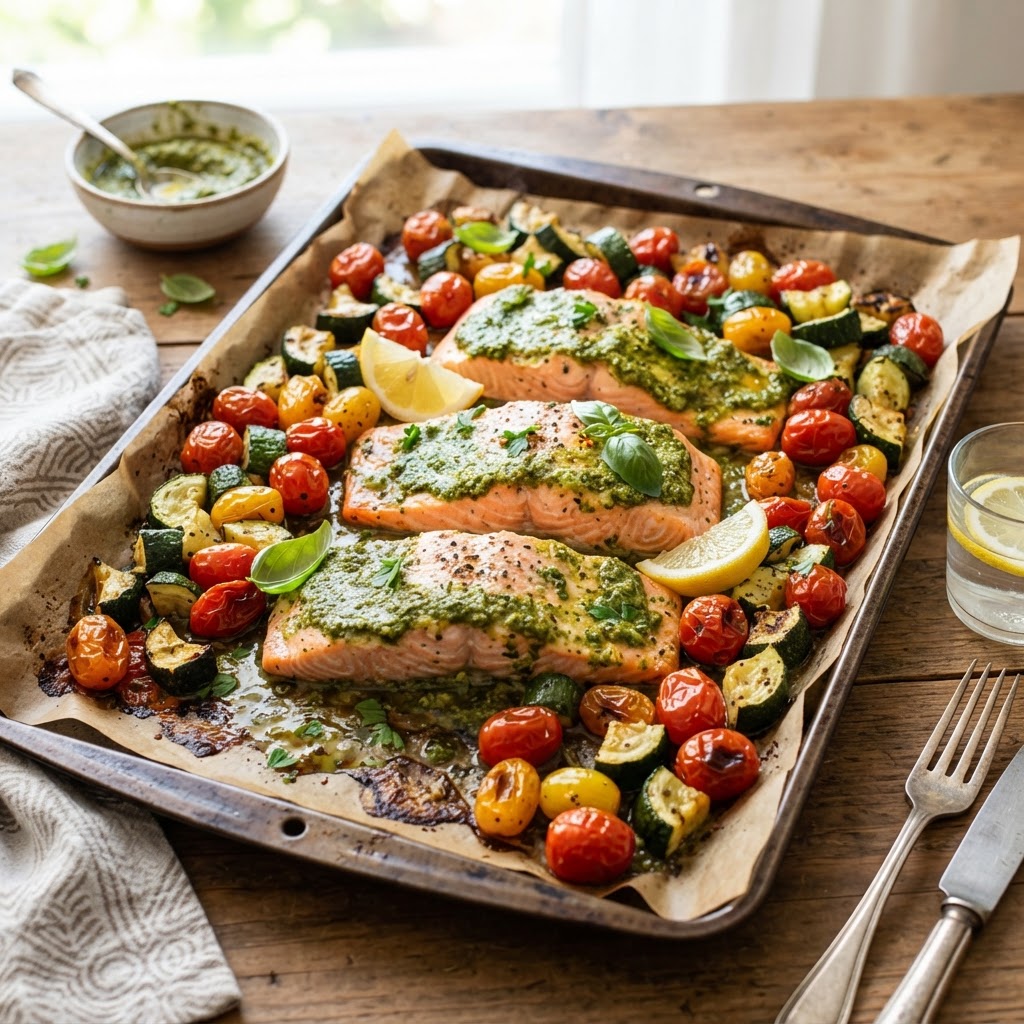 Sheet Pan Pesto Salmon and Tomatoes