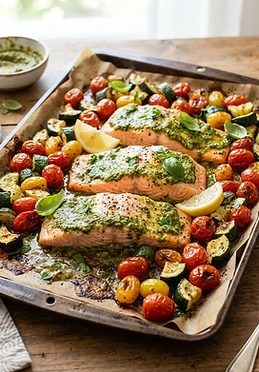 Sheet Pan Pesto Salmon and Tomatoes