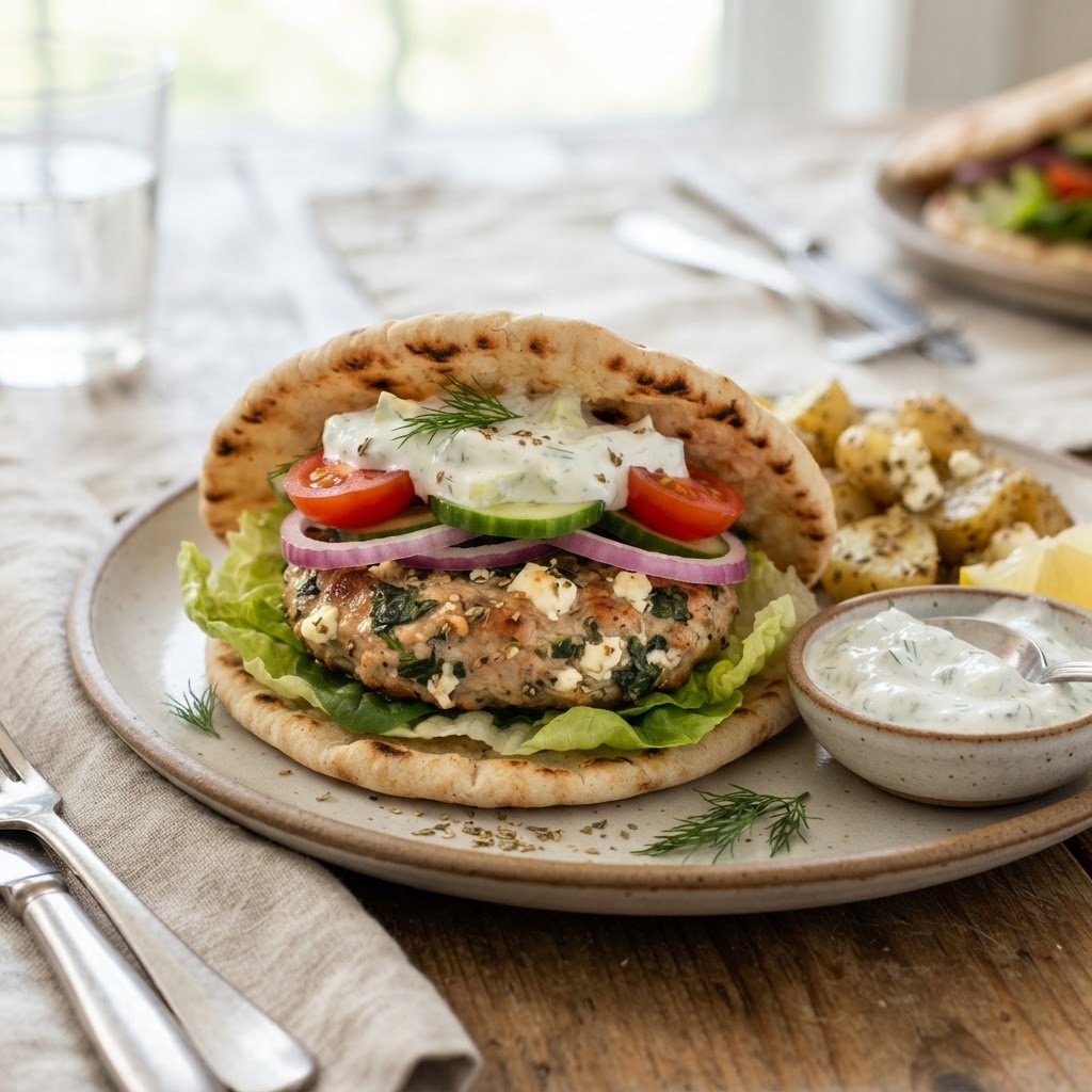 Air Fryer Greek Turkey Burgers with Feta and Spinach