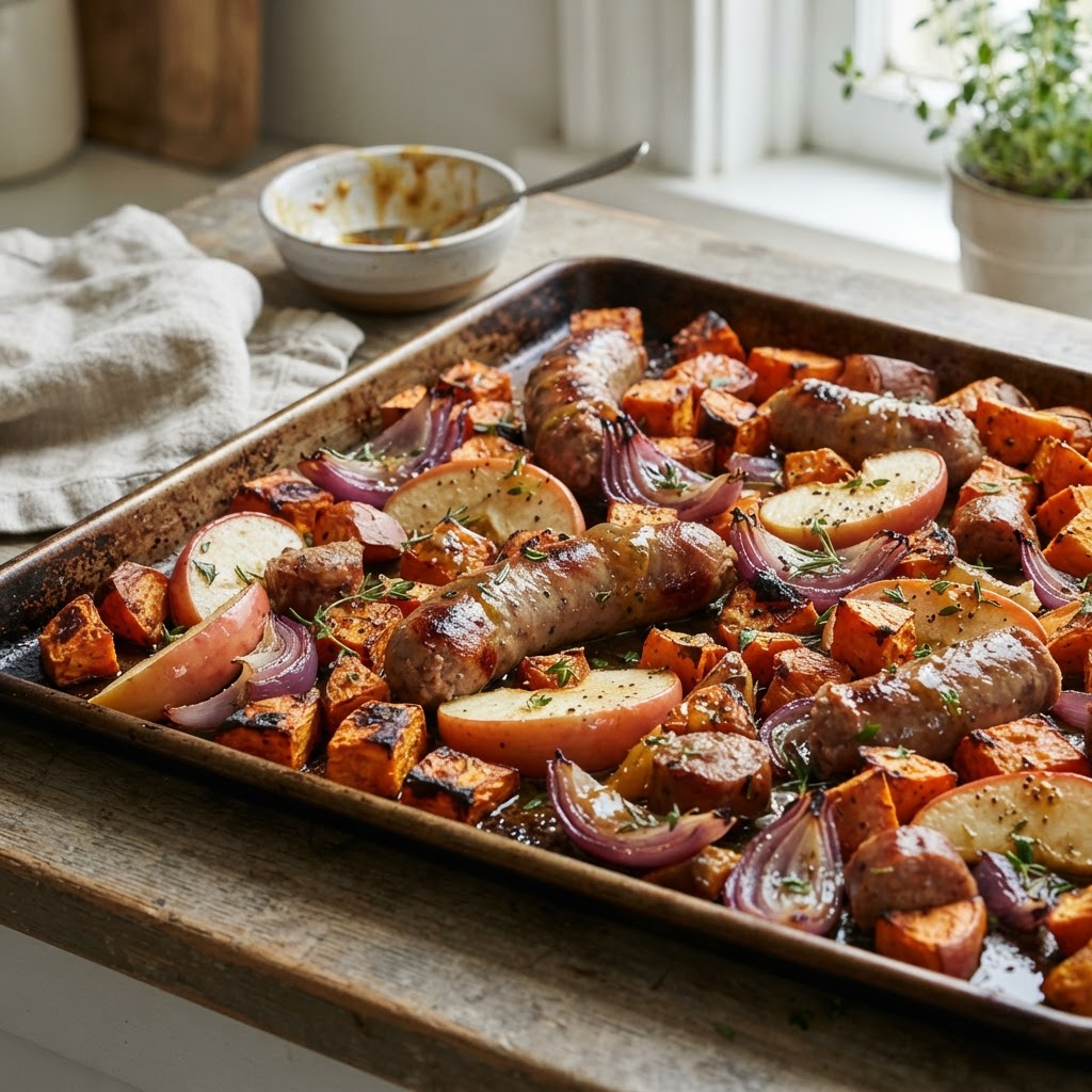 Sheet Pan Sausage, Apples and Sweet Potatoes