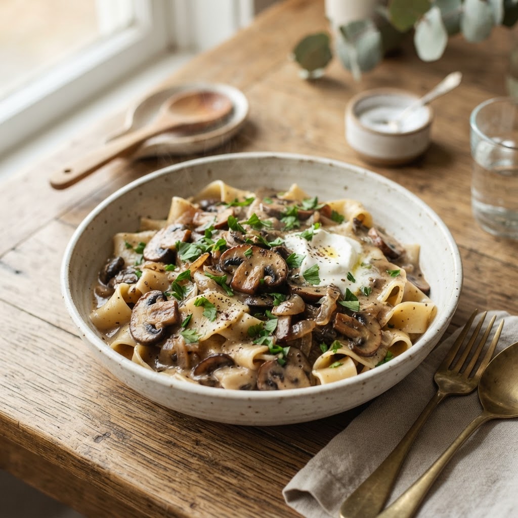 Beefless Mushroom Stroganoff Noodles
