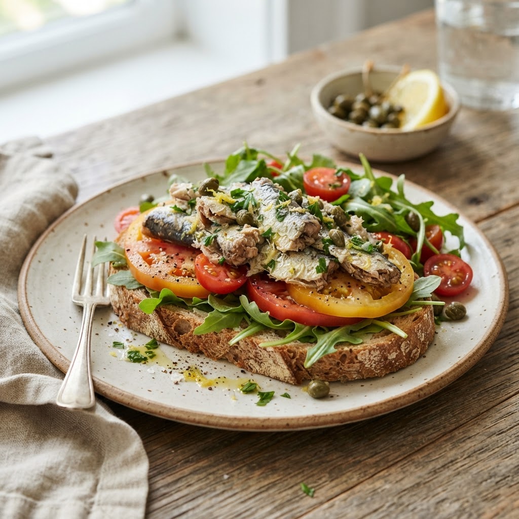 Sardine Toast with Lemon, Capers, Tomato, and Arugula