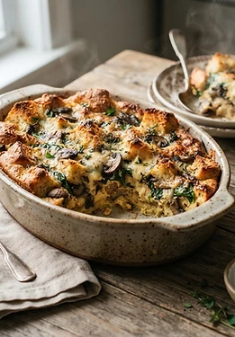 Mushroom Spinach Savory Bread Pudding