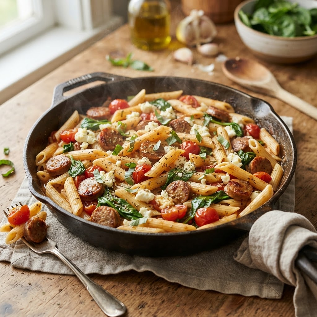 One-Pot Chicken Sausage, Tomato, Spinach and Feta Pasta