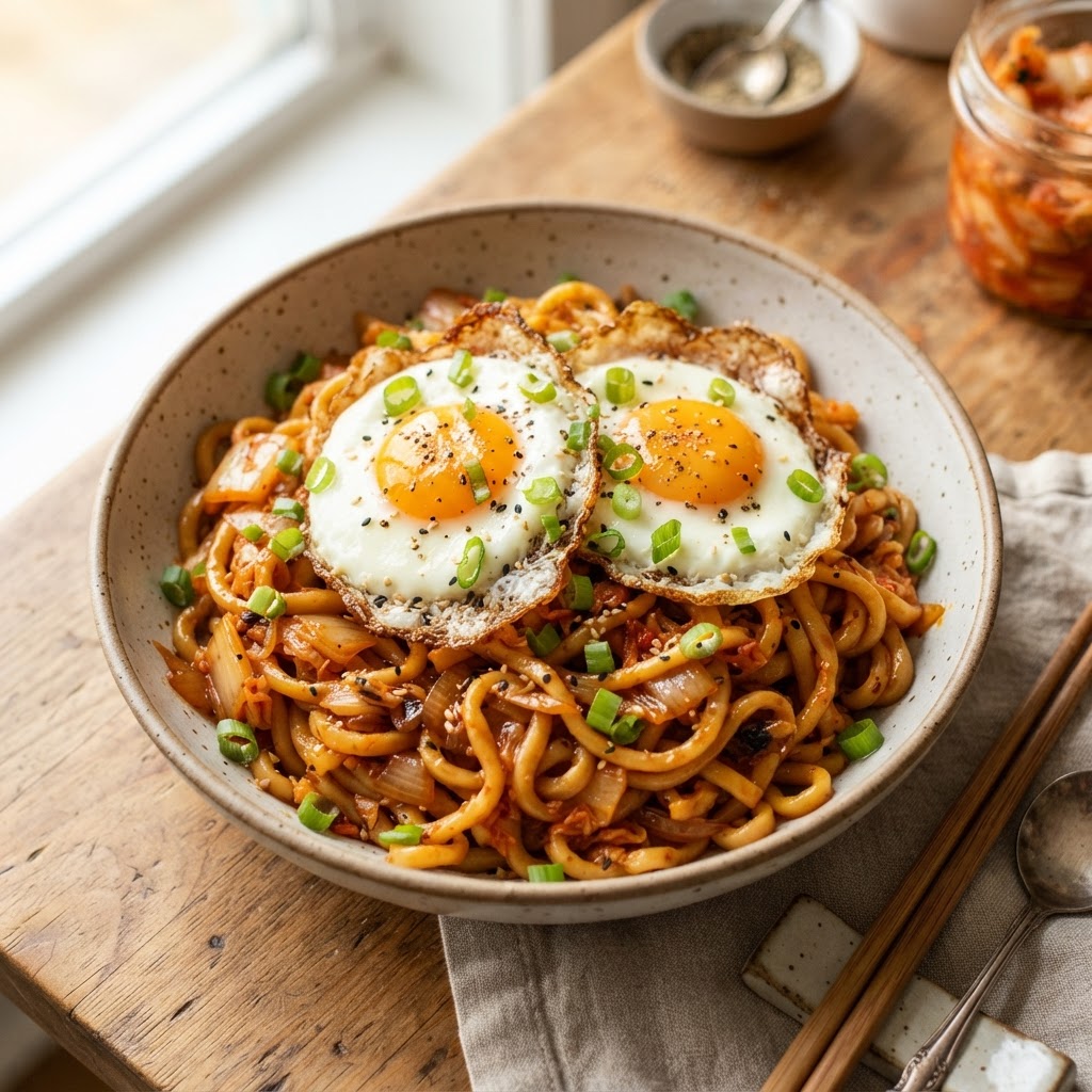 Kimchi Butter Noodles with Fried Egg