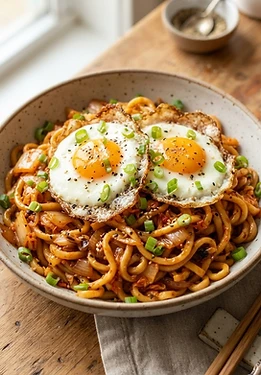 Kimchi Butter Noodles with Fried Egg