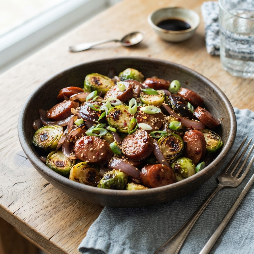 Five Spice Sausage Brussels Sprouts Stir Fry