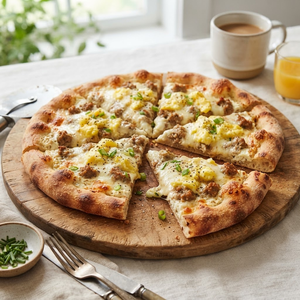 Breakfast Pizza with Eggs and Turkey Sausage