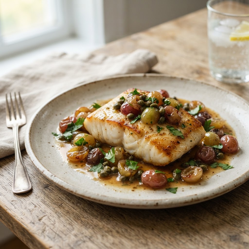 Halibut with Brown Butter Grapes and Capers