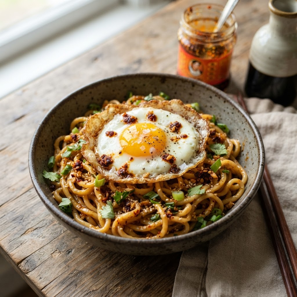 Chili Crisp Garlic Noodles with Fried Egg
