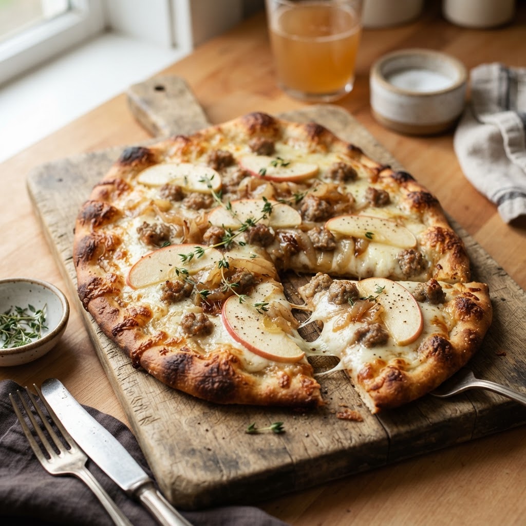 Apple Sausage Flatbread with Cider Onions
