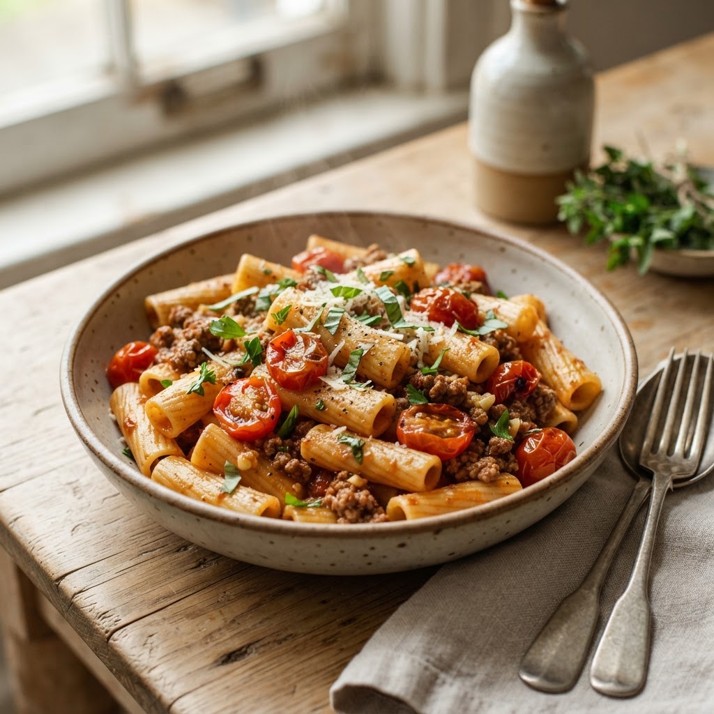 Beef and Tomato Rigatoni with Roasted Garlic