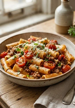 Beef and Tomato Rigatoni with Roasted Garlic