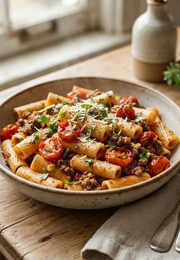 Beef and Tomato Rigatoni with Roasted Garlic