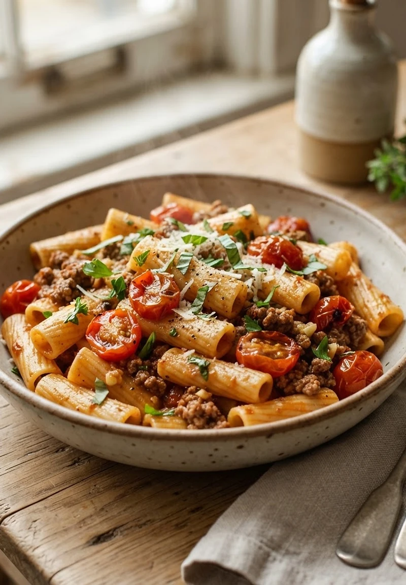 Beef and Tomato Rigatoni with Roasted Garlic