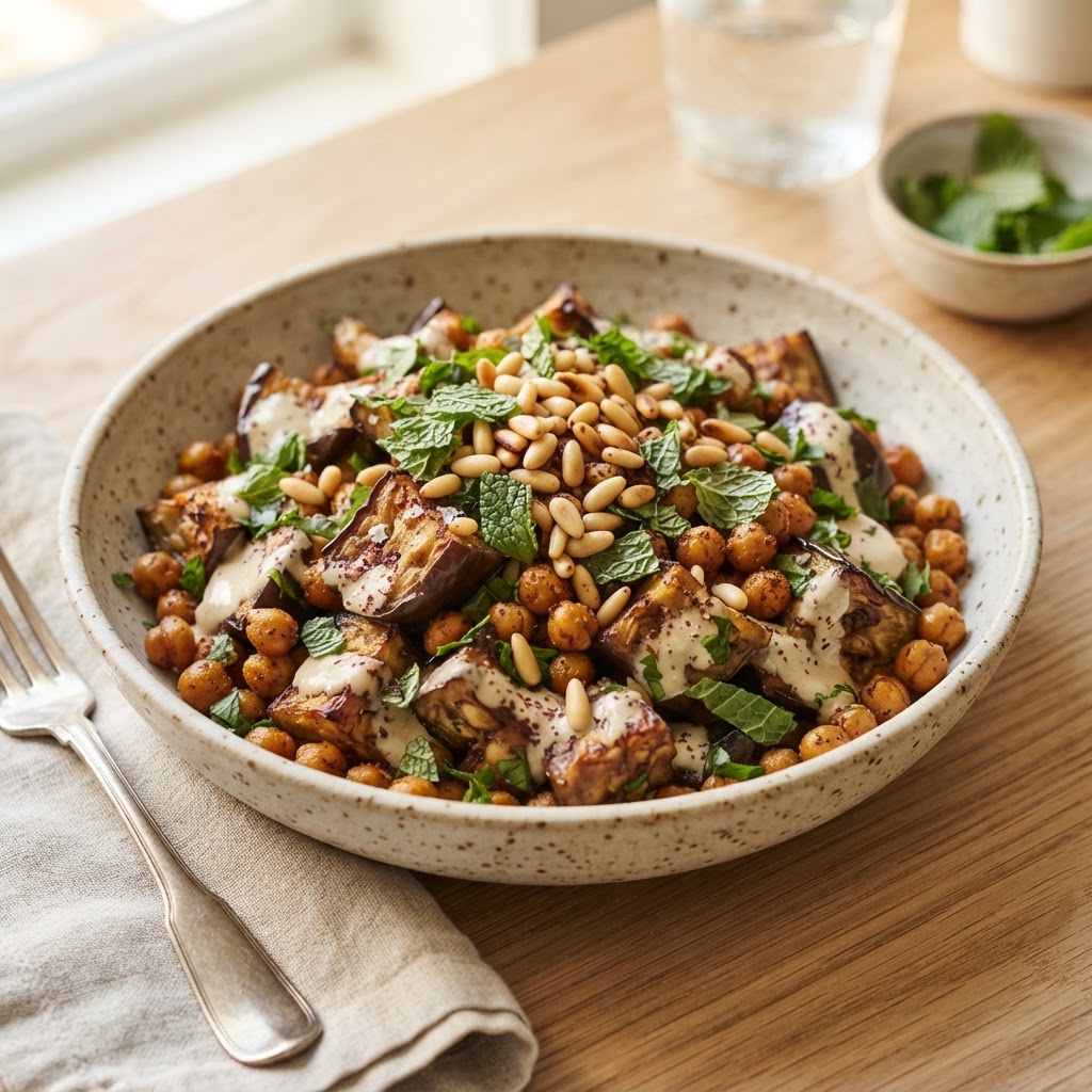 Roasted Eggplant and Chickpea Salad with Tahini Dressing