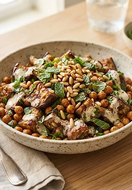 Roasted Eggplant and Chickpea Salad with Tahini Dressing