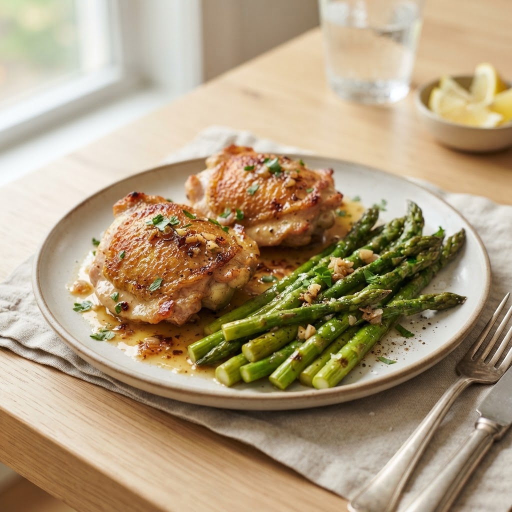 One-Pan Chicken and Asparagus with Lemon Garlic Sauce
