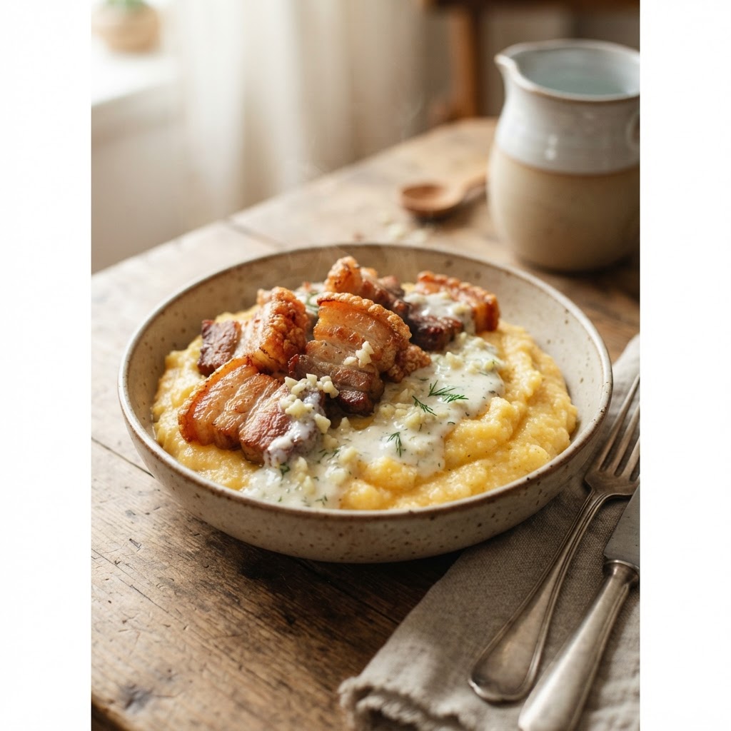 Romanian Cornmeal Polenta with Crispy Pork Belly and Garlic Sauce