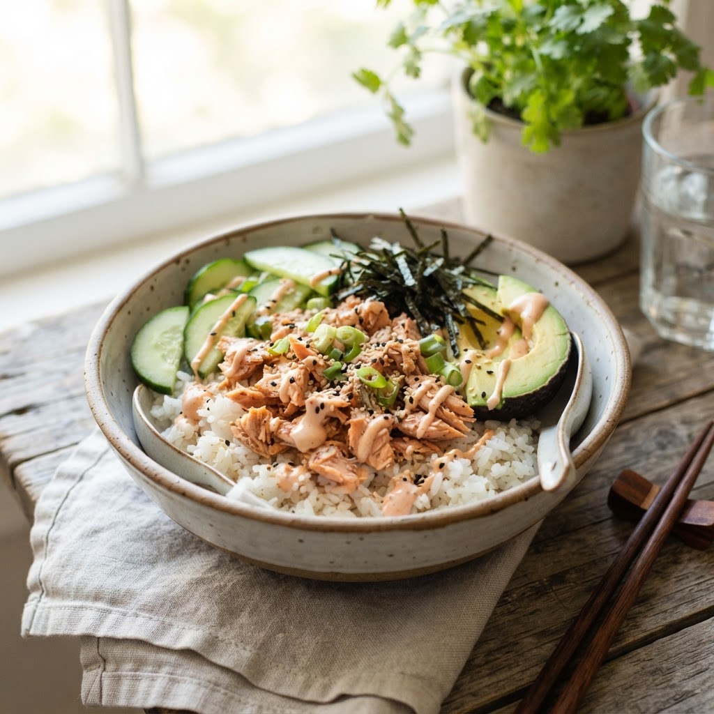 Canned Salmon Rice Bowls with Cucumber, Avocado, and Nori