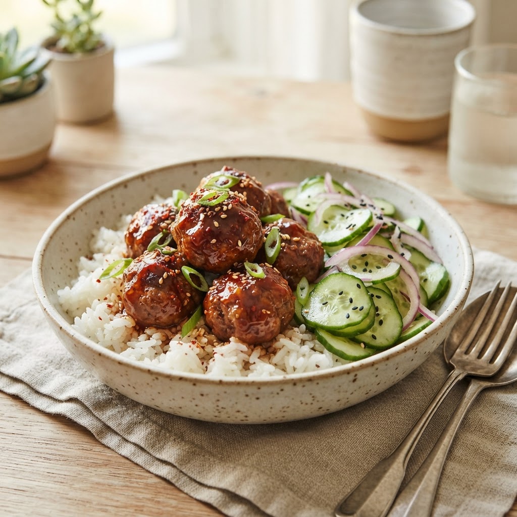 Korean-Inspired Beef Meatball Bowls with Gochujang Glaze